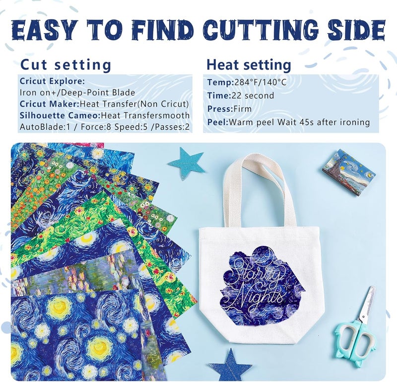 Tintnut Starry Night Heat Transfer Vinyl - 9 Sheets 12 X 10 Inch Impressionist Paintings Van Gogh HTV Bundle Iron on Vinyl for Fabric Heat Press Pattern Craft DIY T-Shirts, Hats, Canvas Bags - Image 5